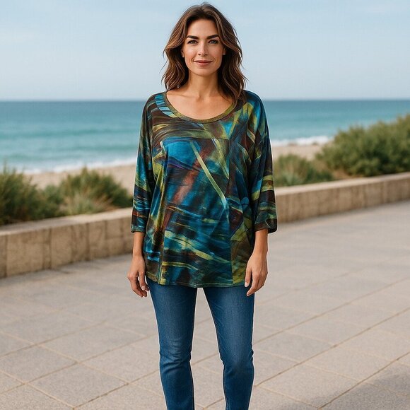 Johnny Was Biya Top Tunic Rayon Silk Watercolor Oversized Long Sleeve XS - Picture 2 of 6